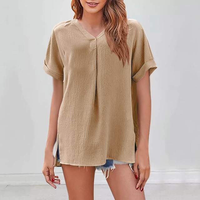 JMKQLZ Chemise Ample à Manches Courtes et Col en V pour Femmes