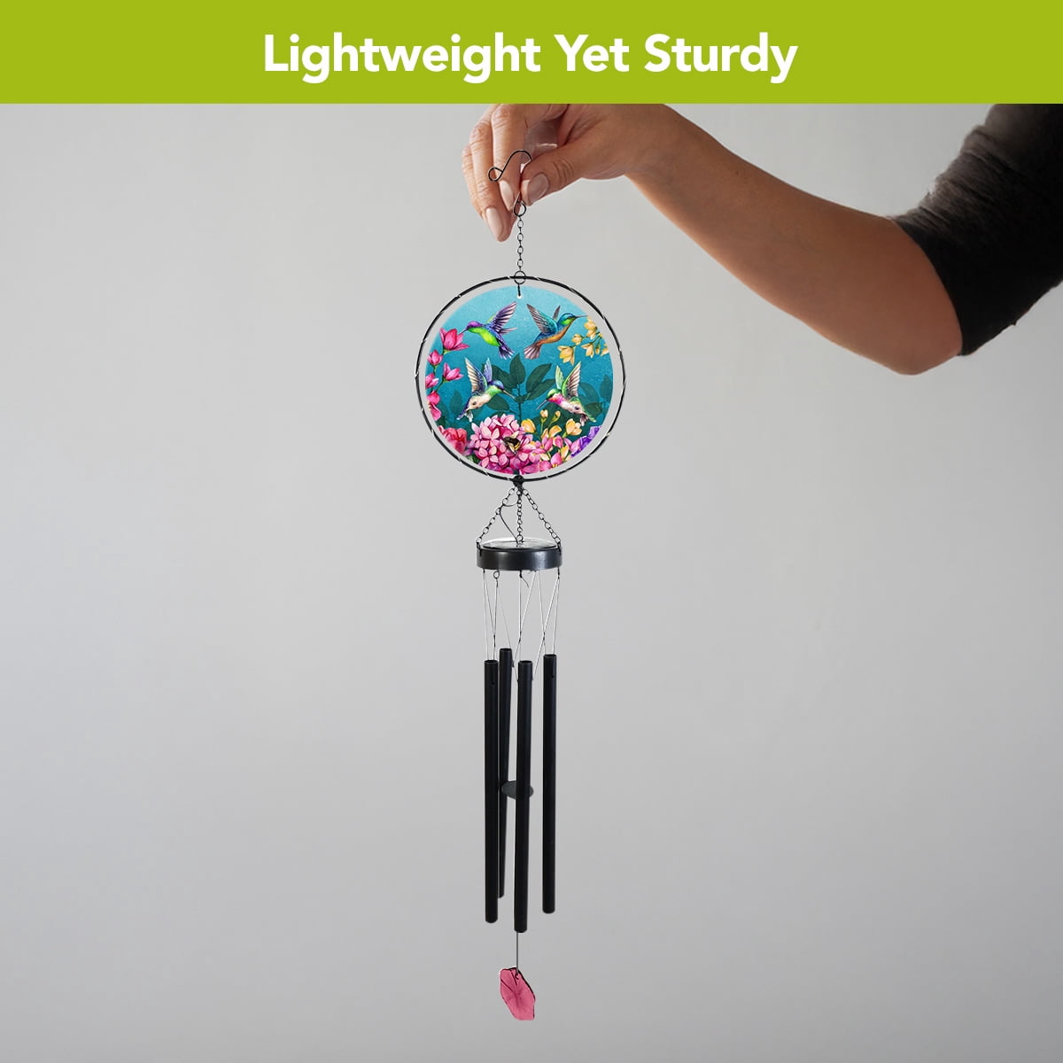 Briarwood Lane Spring LED Illuminated Solar Powered Glass Suncatcher  Wind Chime 37x8 Springtime Hummingbirds For Spring Wind Chime For Outdoors Melodic Metal Windchimes Wind-Chimes