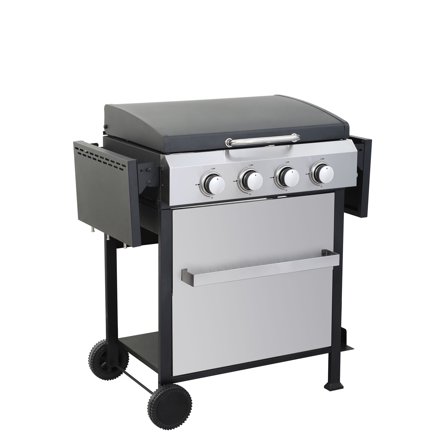 S-HOME 4-Burner Propane Gas BBQ Grill Featuring Stainless Steel Plancha And Foldable Side Table Ideal For Outdoor Cooking