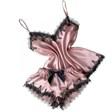 

Summer Savings Clearance! PEZHADA Sexy Lingerie for Women Women Lace Satin Bra Camisole Sling Tops Shorts Pajamas Two Piece Set Pink XL
