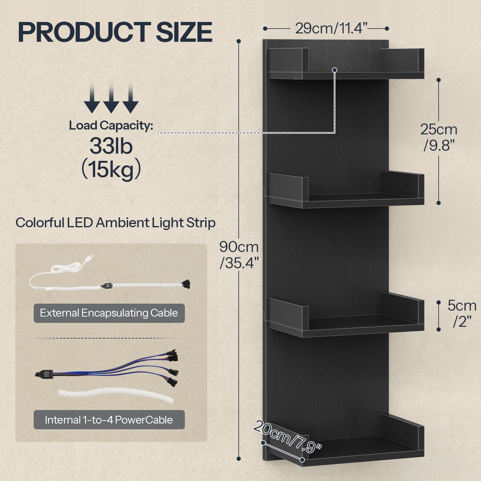 Vertical 4-Tier LED Floating Wall Shelves, Black