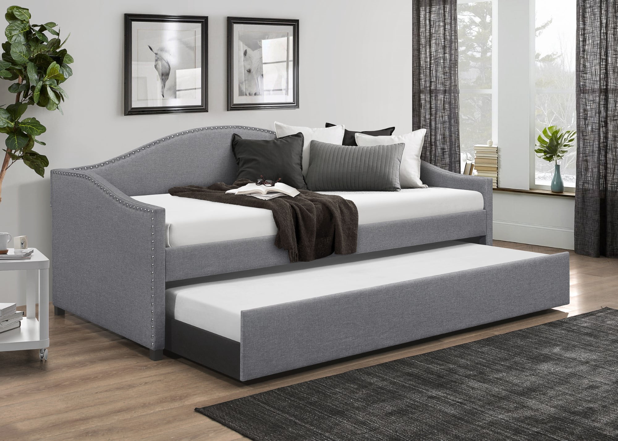 Home Design Nora Twin Daybed with Upholstered Frame, Camelback Backrest, Arched Arms, Nailhead Trim, and Pull-Out Trundle, Stylish Guest Bed, Light Gray