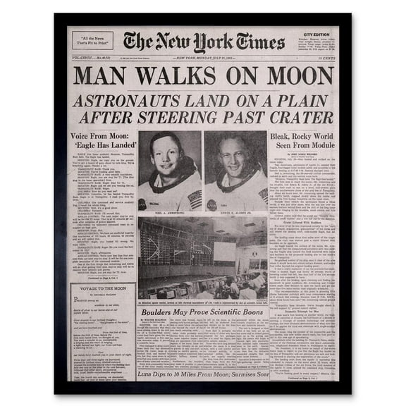 Vintage Newspaper Article Space Astronauts Walk on Moon Landing Neil Armstrong Edwin Aldrin Art Print Framed Poster Wall Decor 12x16 inch