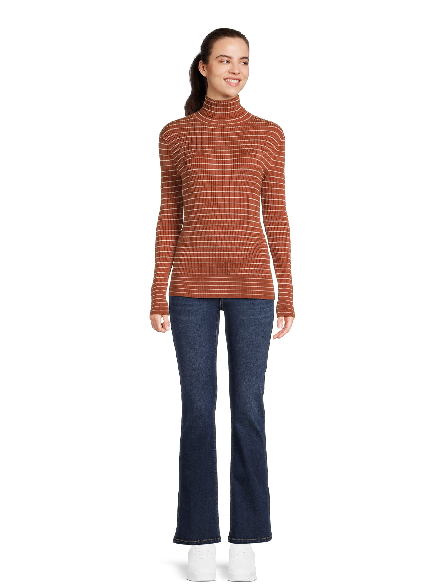 Time and Tru Women's Striped Ribbed Turtleneck, Sizes XS-XXXL
