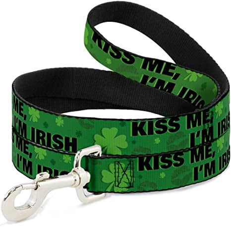 Dog Leash Kiss Me Im Irish Clovers Kisses Greens Black 4 Feet Long 0.5 Inch Wide