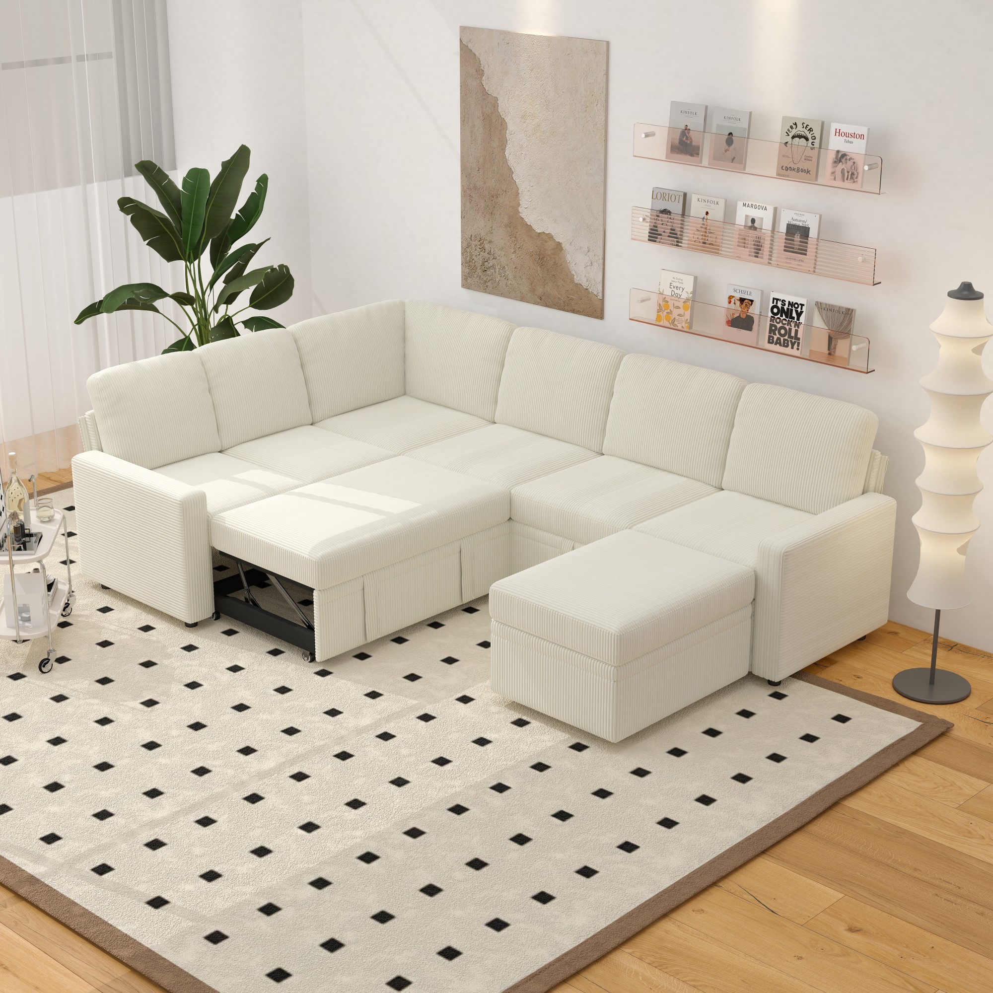 Gewnee 6-Seater Beige L-Shaped Convertible Sofa - Soft-Touch Corduroy Fabric,Multifunctional Storage, for Living Rooms & Halls（including 1 footstool）