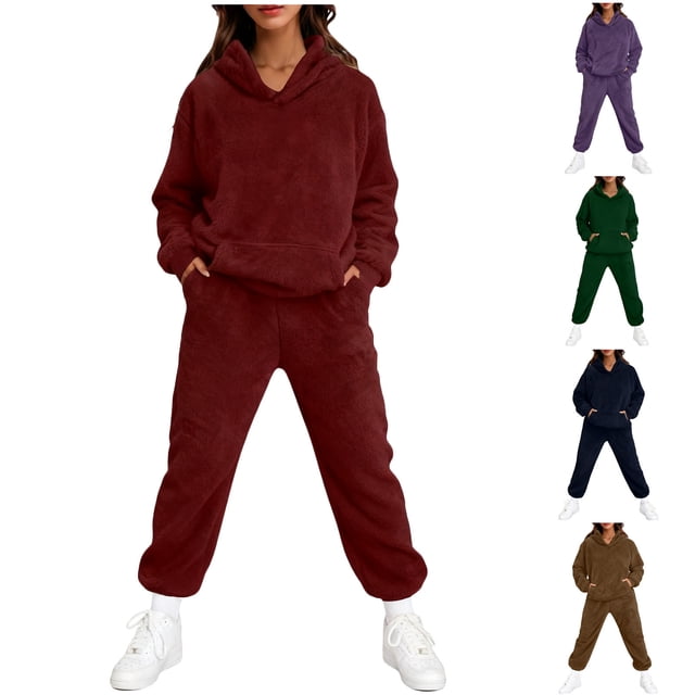 Sentmoon Chandail Molletonné à Manches Longues pour Femmes Vêtements pour Femmes Tendance Ensemble Décontracté Uni à Col Rond à Manches Longues avec Pantalon et Chandail à Capuchon à Taille Ajustée Bourgogne m
