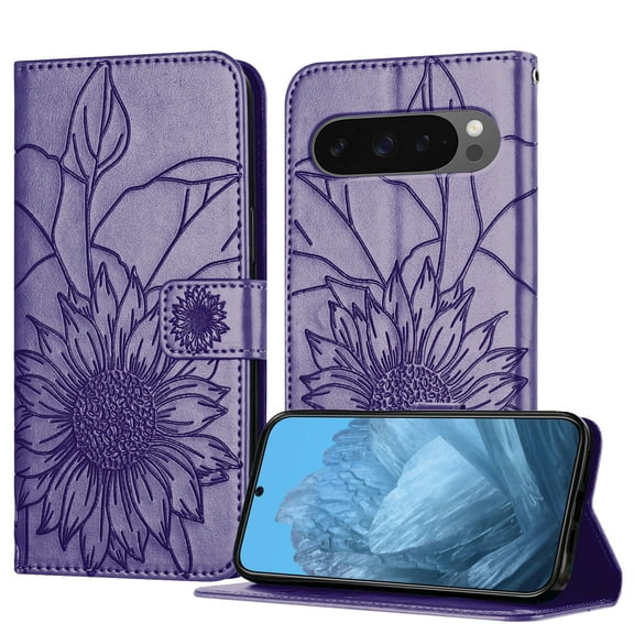 Luxury Embossed Floral Wallet Case for Google Pixel 10 Pro XL, PU Leather   TPU Flip Cover with Card Slots Kickstand Magnetic Closure Shockproof Full Body Protection for Women & Girls, Darkpurple