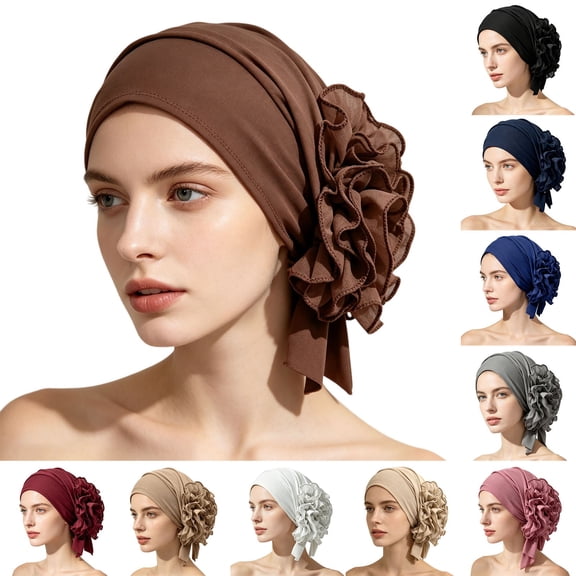 VJGBEGW Women Pre-Tied Ruffled Turban Head Wrap Soft Stretch Ruffle Floral Side Head Scarf Breathable Chemo Cap for Hair Loss Beige One Size