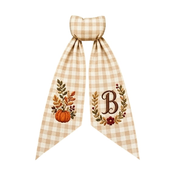 Iuaoueui Fall Wreath Sash 7 inches with Personalized Letter Monogram, Embroidered Initial Pumpkin Bow, Linen Plaid, Winter Holiday Decor for Front Door, Garden