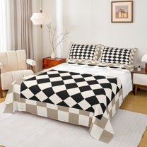 Manfei Boys Girls Geometric Plaid Full Size Sheets 4-Piece,Vintage Aesthetic Breathable Bed Sheets,Minimalist Grid Lightweight Sheet Sets,Ultra Soft Home Decor