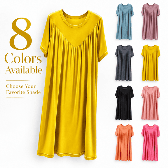 Cotton Pajama Dress for Women’s Short Sleeve Pleated Nightgown Lightweight Loose Home Long Dress Summer Soft Comfy Nightshirt Loungewear Yellow L