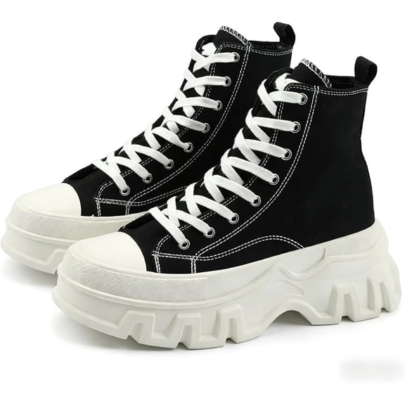 Unisex Style Classic High-Top Canvas Shoes Black and White Lace-Up Sneakers with Thick Sole for Daily Casual Wear