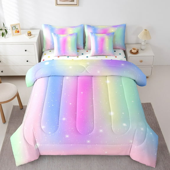 Erosebridal Dreamy Rainbow Print Bed in a Bag Twin size, Bling Stars Bedding Twin Size, Cartoon Theme Reversible Comforter Sets with Sheets, Microfiber Room Decor, 7-Piece