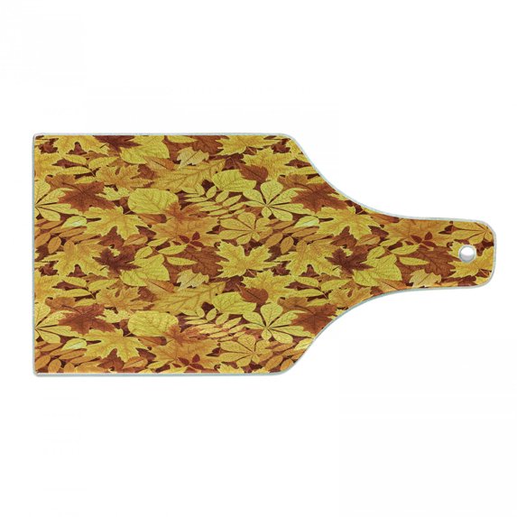 Autumn Cutting Board, Shady Fall Oak Maple Tree Leaves on Faded Tones Seasonal Foliage Art, Decorative Tempered Glass Cutting and Serving Board, Wine Bottle Shape, Earth Yellow Marigold, by Ambesonne