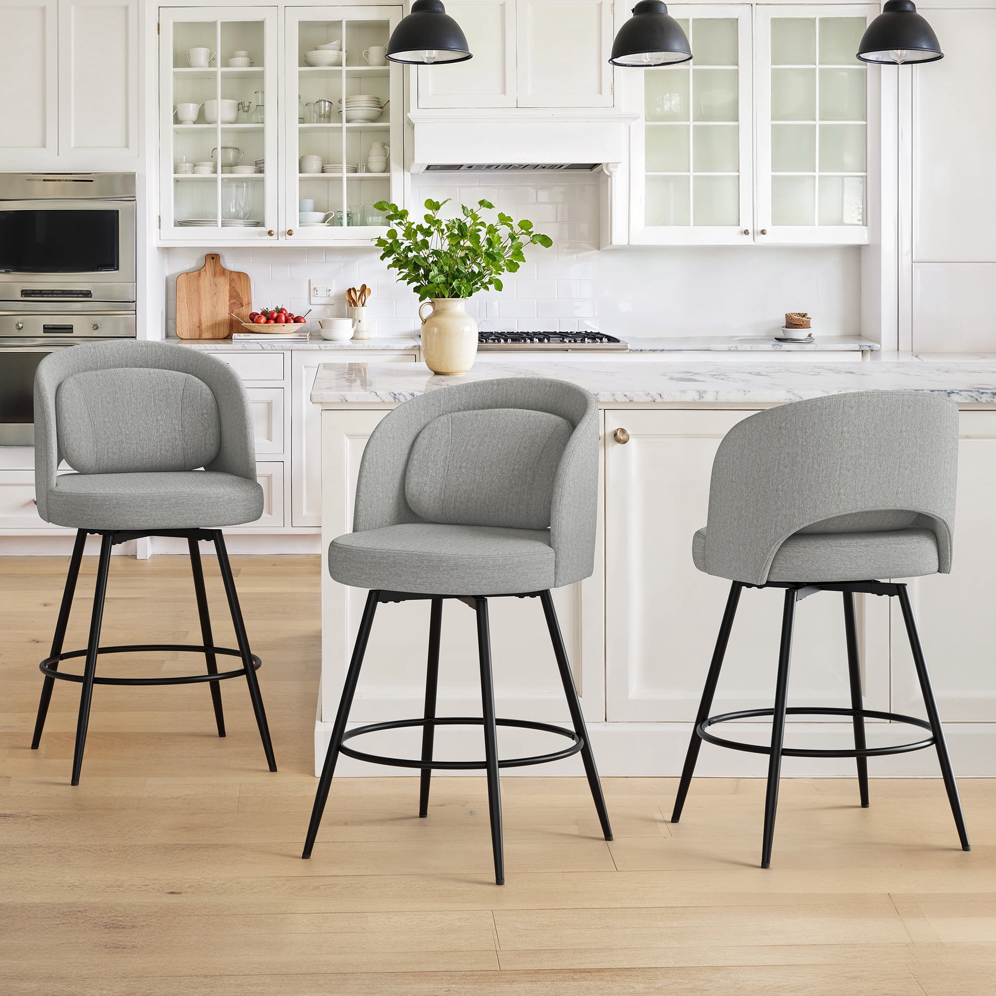 Carolayne 26.5" Swivel Bar Stools Set of 3, Modern Fabric Counter Height Bar stools with Back & Removable Cushion for Kitchen Island, Linen Grey