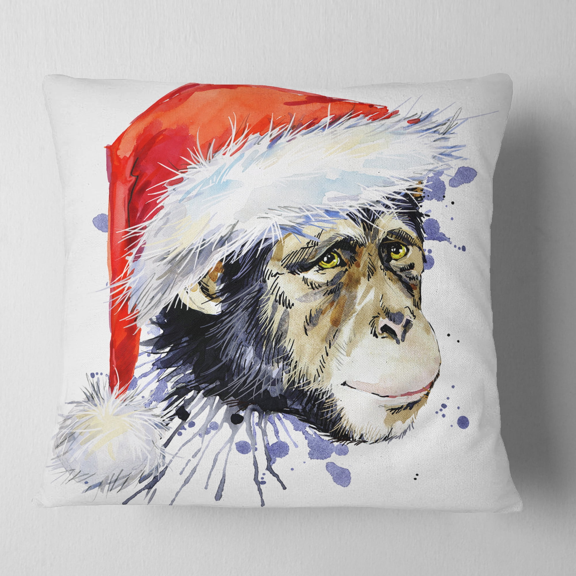 Designart Monkey Santa Clause - Animal Throw Pillow - 18x18