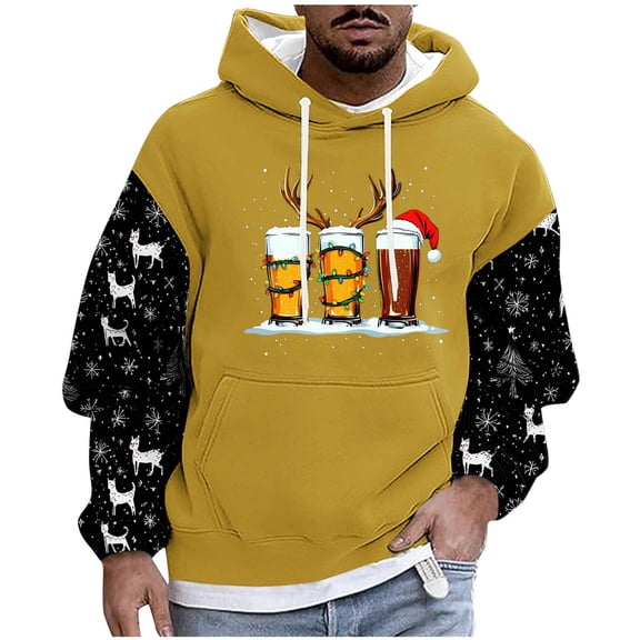 KeShDi Christmas Long Sleeve Shirts for Men Casual Fashion Hooded Sweatshirts Round Neck Print Pullover Long Sleeve Sweatshirt Yellow M