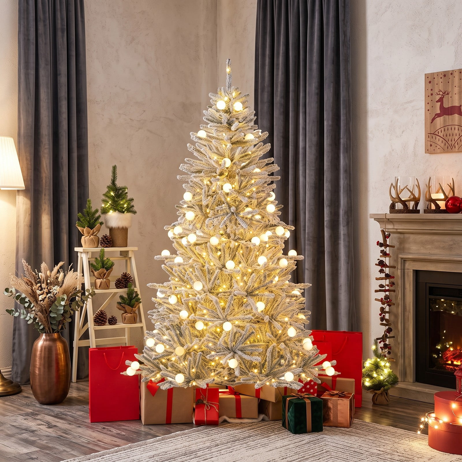 RUIE 6 Feet Pre-lit Snow-Flocked Artificial Christmas Tree, Hinged Xmas Tree with 250 Warm White LED Lights, 51 Sphere Lights, Remote and Timer for, Green & White