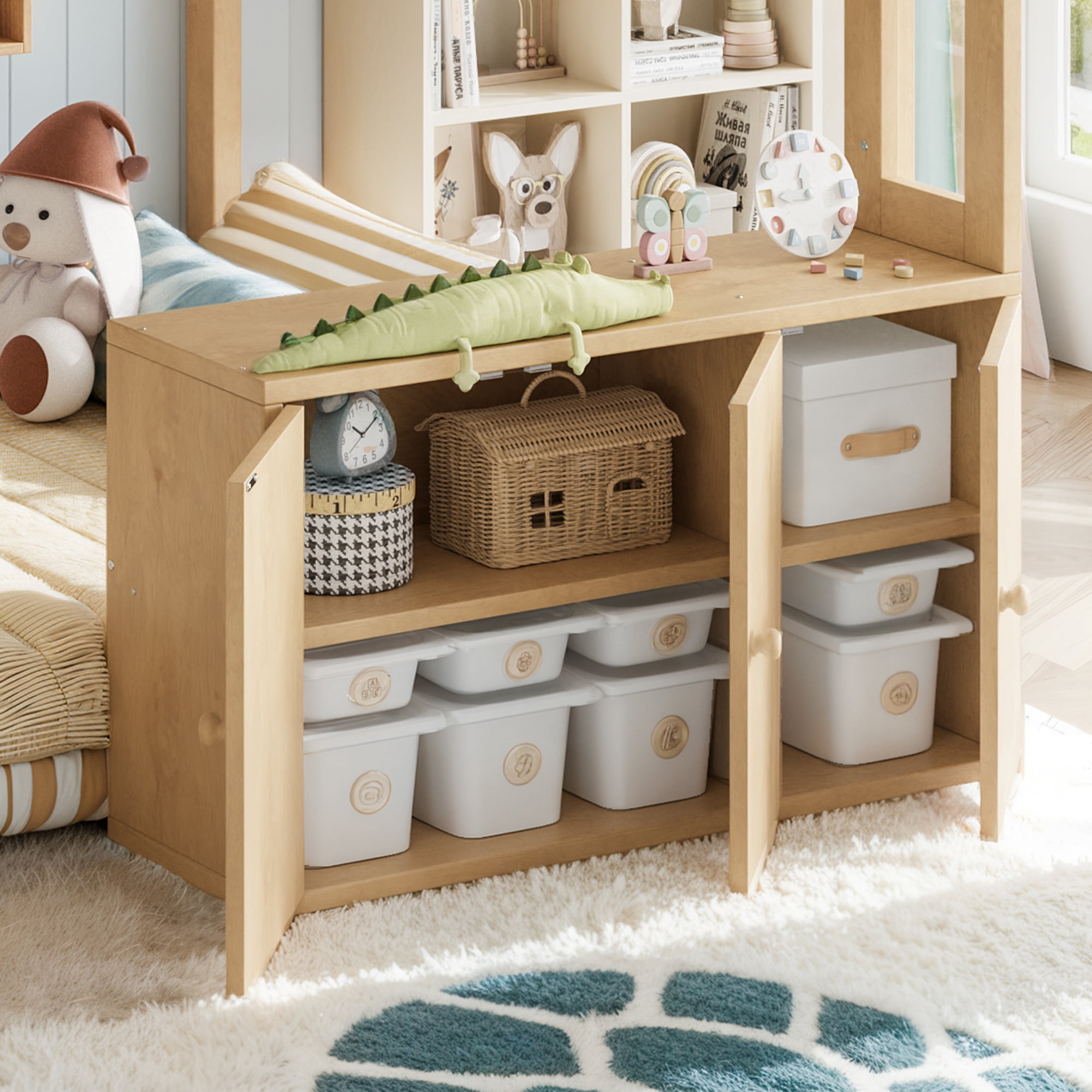 Leumius Full over Full Size Playhouse Loft Bed with Storage Stairs, Solid Wood Loft Bed with Pretend Convenience Store Counter, Convertible Underbed Space for Sleep or Play Natural