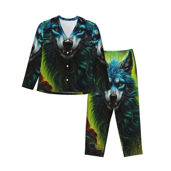 Vsdgher Fluorescent Wolf Pajamas Set Long Sleeve Sleepwear Womens Button Down Nightwear Pj Sets-Small