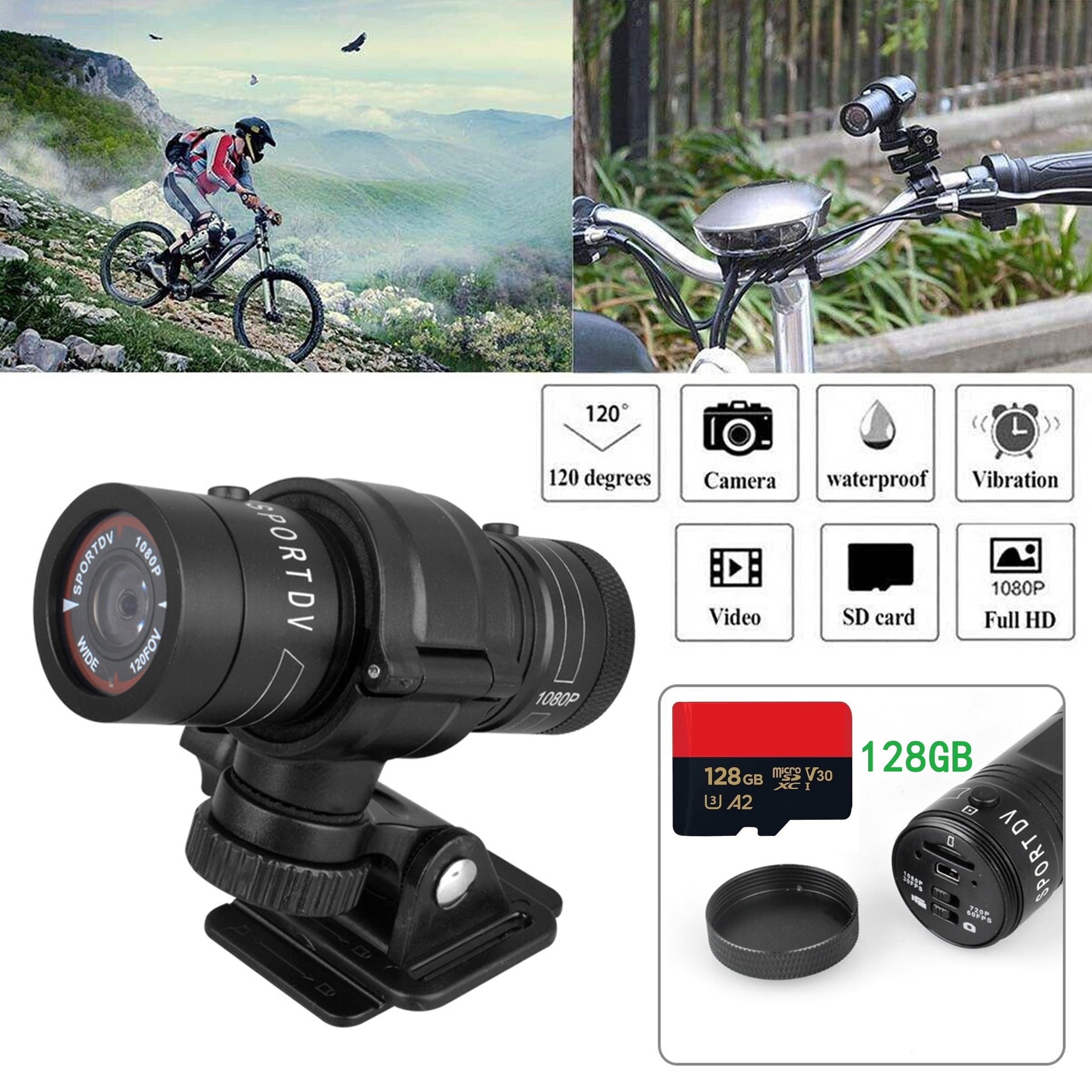 WIKCOVER Motorcycle Helmet Camera with 128GB SD Card, Full HD 1080p Bike Action Camera, 120° Wide-Angle Video, Waterproof Handlebar Mount