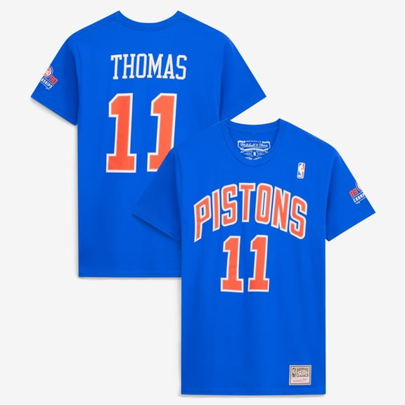 Men's Mitchell & Ness Isiah Thomas Blue Detroit Pistons Hardwood Classics Stitch Name & Number T-Shirt