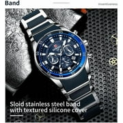 Men's VIP Luxury Chronograph Watch, blue dial, stainless steel case, silicone strap, water-resistant sports watch with date display, chronograph, luminous hands, stainless steel and silicone strap.