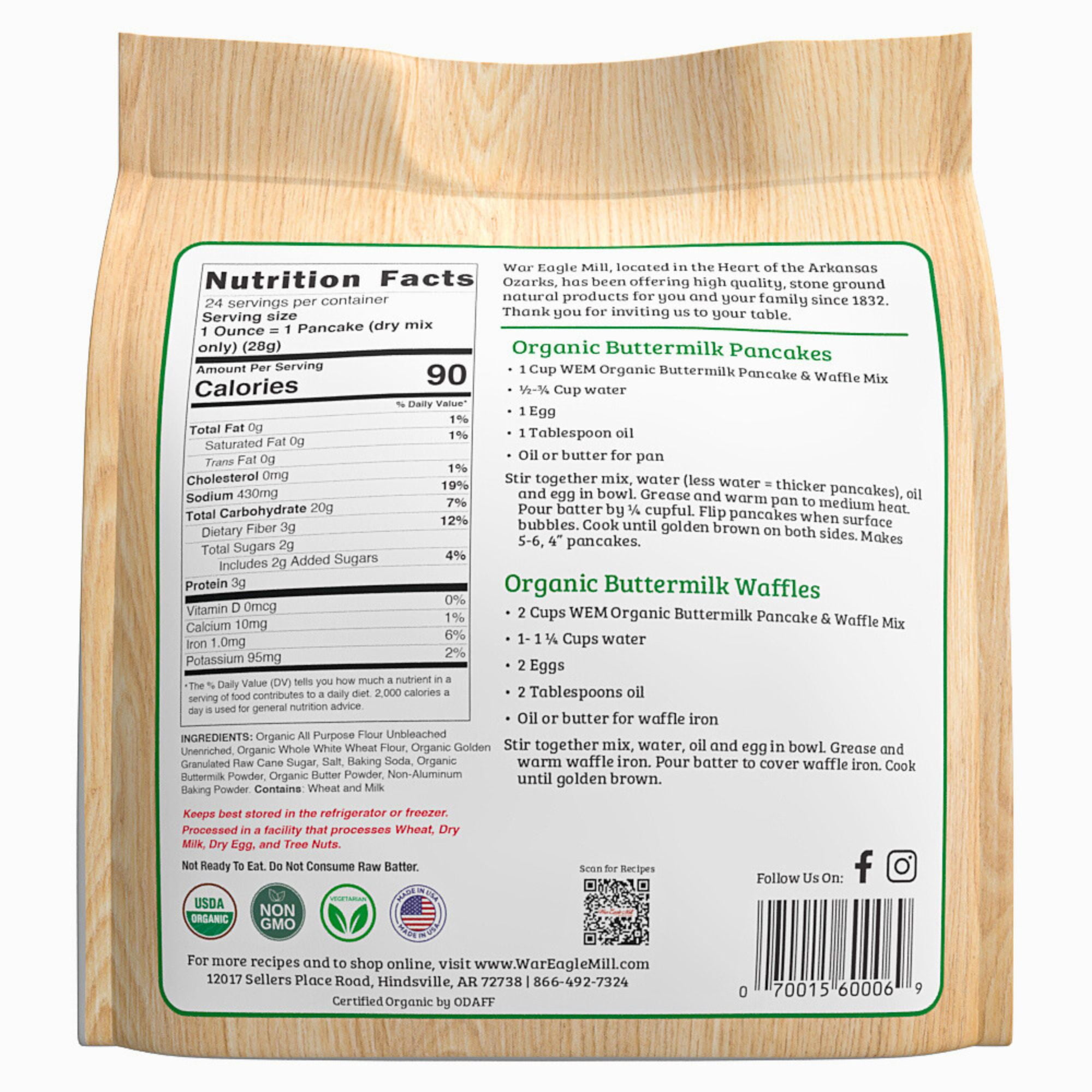 War Eagle Mill Organic Buttermilk Pancake & Waffle Mix, 24 oz Bags, (pack of 2)