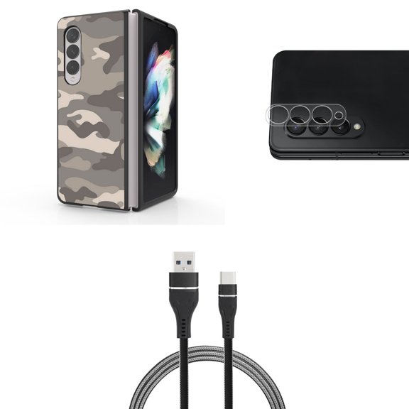 Accessory Bundle for Galaxy Z Fold 4: Slim Snap-On Case (Grey Camo), Rear Camera Glass Protector, Nylon Braided USB-C to USB-A Cable (3 Feet)