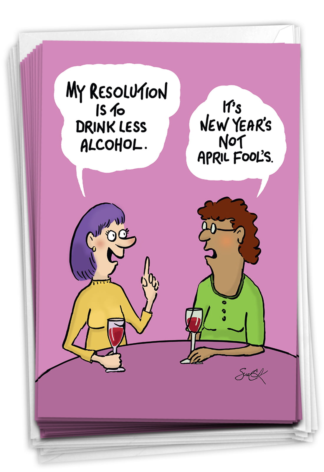 12 Women's New Year Greeting Cards - Funny Boxed Cartoon Cards with