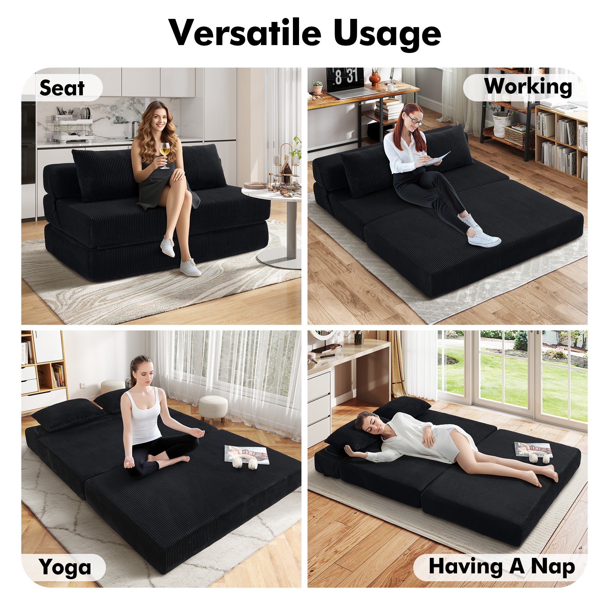 Aukfa Full Size Folding Sofa Bed, Loveseat Sleeper, Corduroy Convertible Floor Couch Mattress for Living Room, Dorm, Guest Room, Black