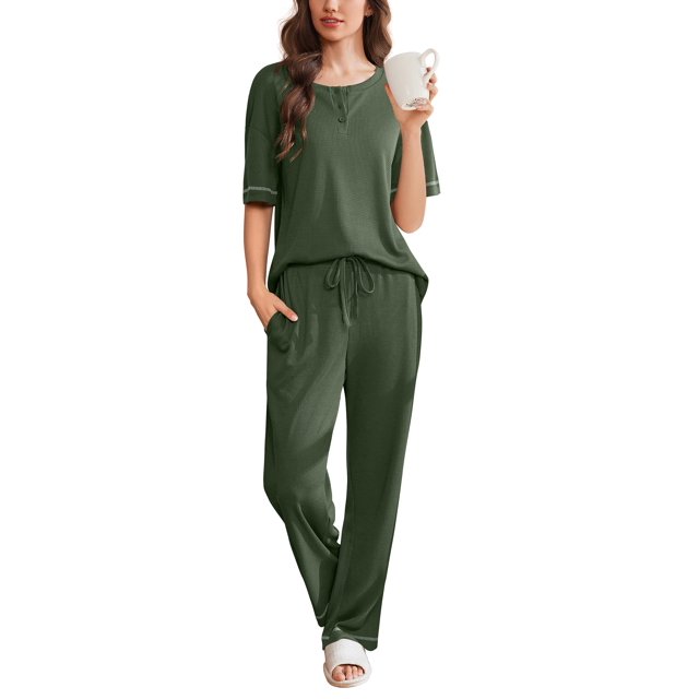Conjunto de pijama Ekouaer Waffle Knit para mujer, color verde militar