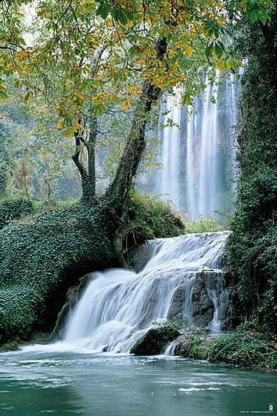 Iconic Arts Laminated 24x36 Poster: Landscape of Waterfall Pouring