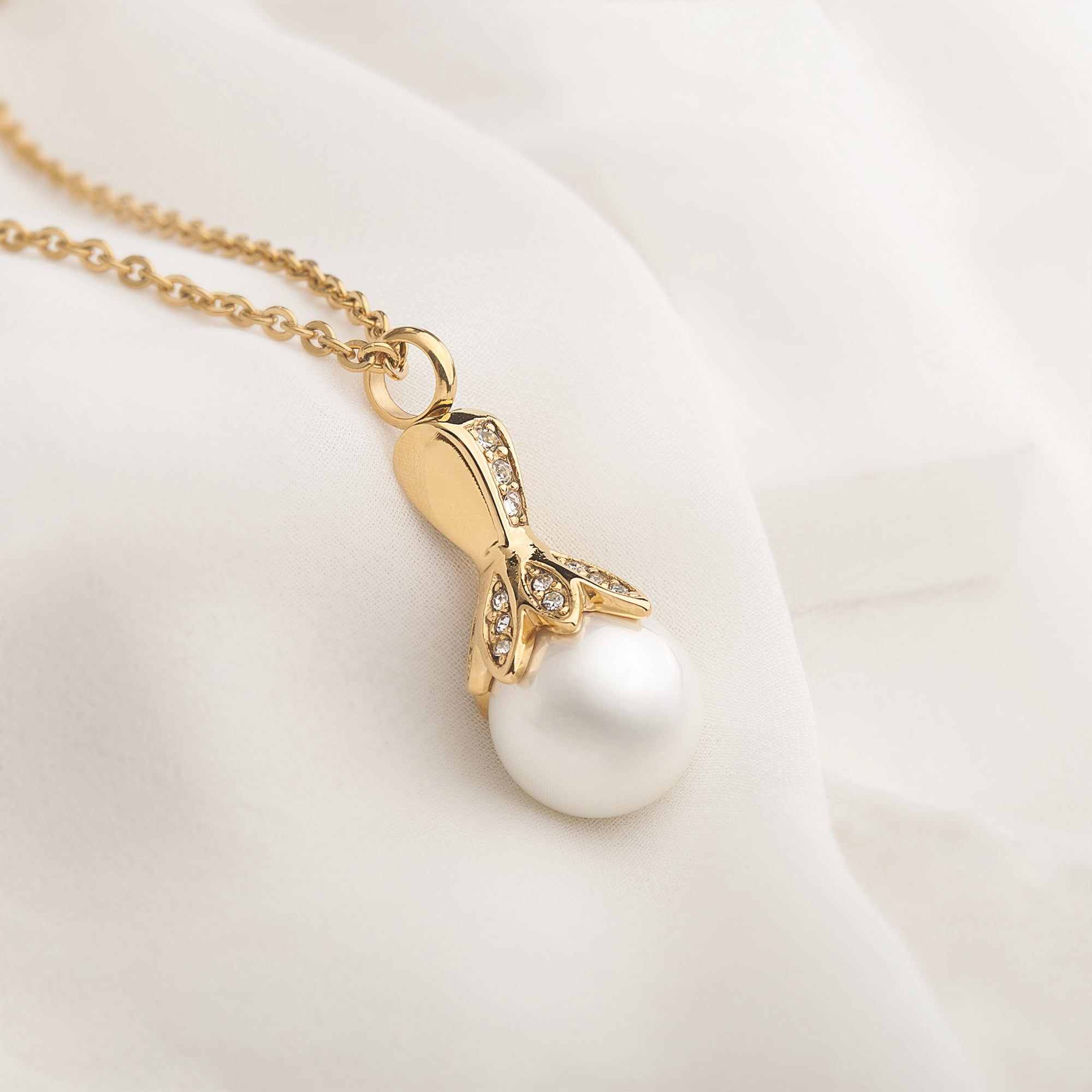 Anavia Pearl Urn Cremation Necklace, Stainless Steel Pendant, Locket Holder Ashes for Pet Human, Keepsake Memorial Jewelry for Women - [Gold Necklace, Cable Chain]