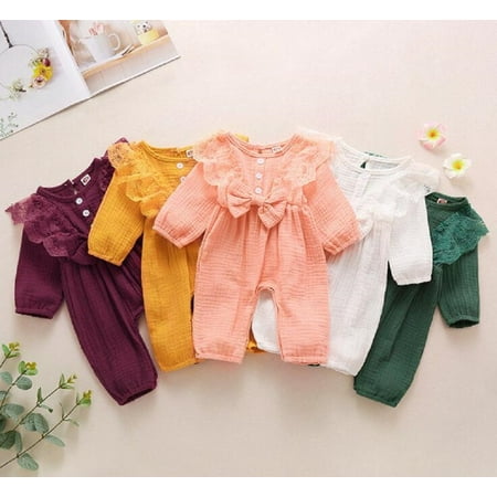 

Baby Girls Long Sleeve Lace Jumpsuit Cute Bowknot Solid Color Romper for Kids Girls