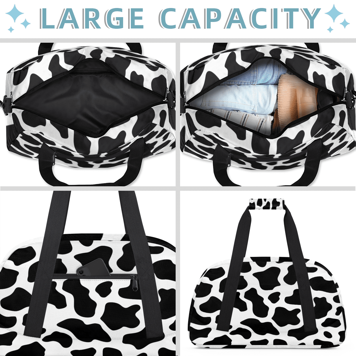 Herdesigns Black White Sports Duffle Bag for Women & Men, Fun Cow Print Farm Animal Gym Bag Dance Bag Overnight Bag Carry On Weekender Travel Bag