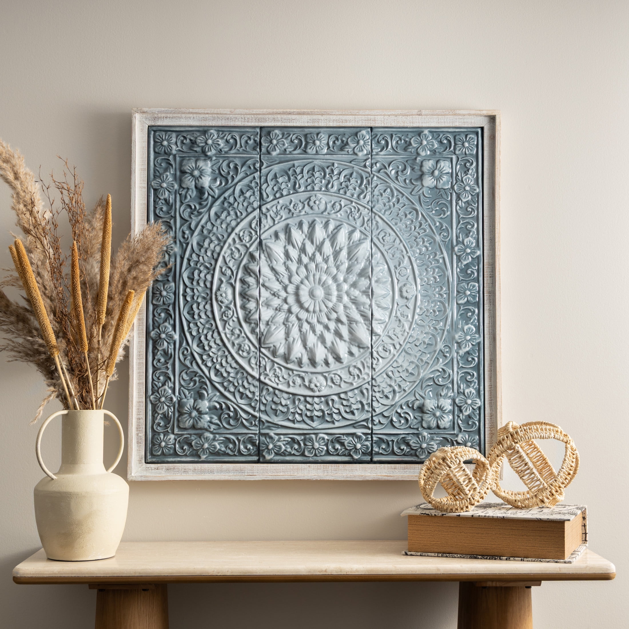 DecMode Metal Farmhouse Carved / Scrollwork Detailed Floral Wall Decor 33"W x 34"H, Washed Blue / Turqoise Finish with White Wooden Frame