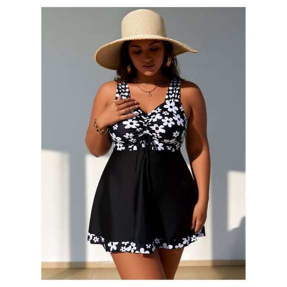 Tankini Swimsuit Top Black Patchwork Print - Women's Slimming Swimwear Tummy Control Dress Style Top Tie Drawstring Gathered Detail Wide Straps Beach Pool