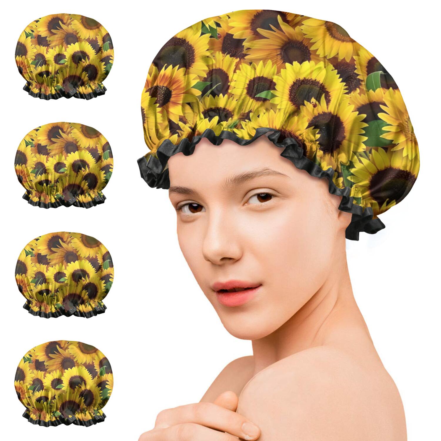 Shower Caps,Green Leaf Sunflower Pattern Waterproof Shower Cap for Women 4 Pieces,Double Reusable Hair Cover for Shower PEVA Elastic Stretch Hem