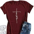thumbnail image 1 of facefd Femmes T-Shirt Col Rond Manches Courtes Blouse Casual Fille Col Rond T-Shirt Lettre Tee-Shirt, Vin Rouge, L, 1 of 5