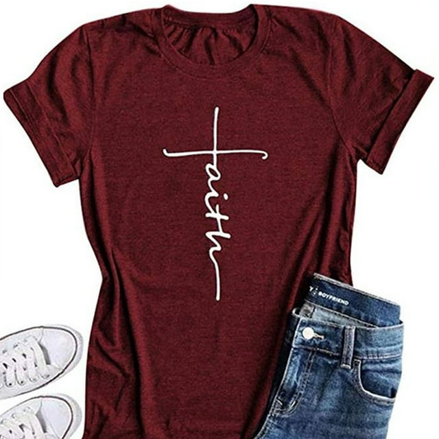 facefd Femmes T-Shirt Col Rond Manches Courtes Blouse Casual Fille Col Rond T-Shirt Lettre Tee-Shirt, Vin Rouge, L