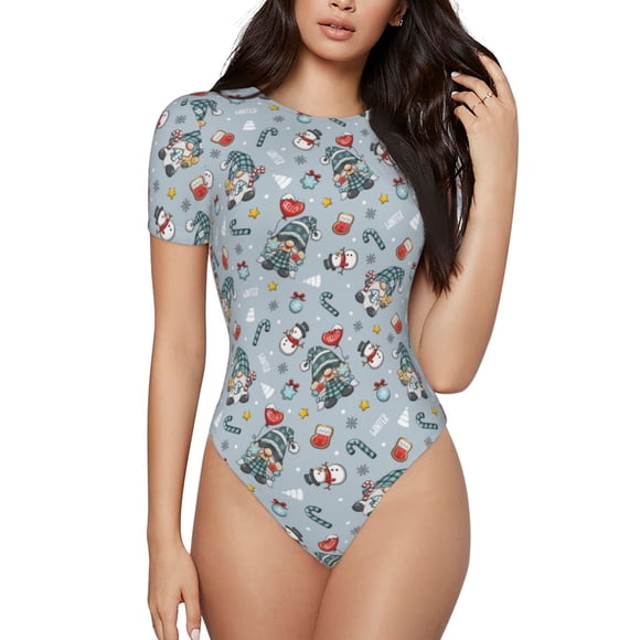 Saiise Winter Gnome And Snowman Pattern Women's Short-Sleeved Onesie Round Neck Pajamas Stretchy Bodysuit with Snap Closure-XX-Large