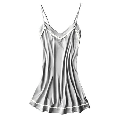 

DNDKILG Women s Teddy Sexy Sleepwear Full Slip Spaghetti Strap Chemise Satin Nightgown Babydoll Gray 3XL