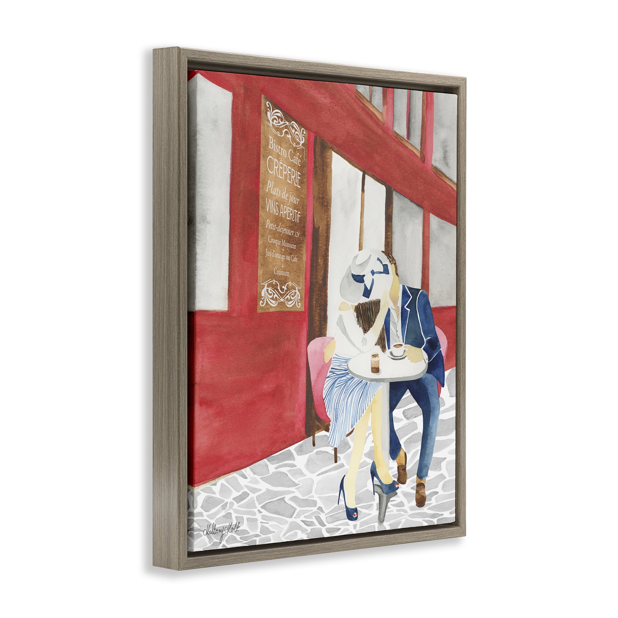 Stupell Industries Kiss At Parisian Cafe Brown Framed Floater Canvas Wall Art, design by Hillary Holt