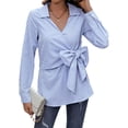 thumbnail image 3 of Xuanfei Women Striped Lapel V Neck Bowknot Tie Front Long Sleeve Blouse, 3 of 7