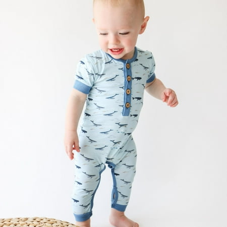 

Baby Boys Cap Sleeve Wooden Button Romper- Majestic Whales
