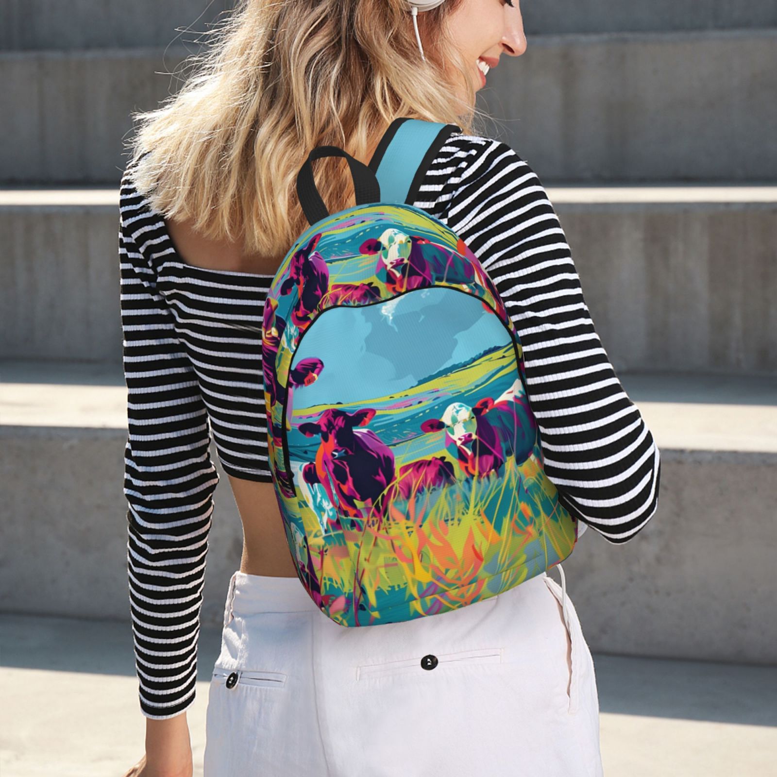 Picia Pop Art Colorful Cows Printed Canvas Daypack - Stylish and Durable Vintage Compact Backpack - Class, Work, Travel, or Laptop Bookbag,Organized Compartments-Medium