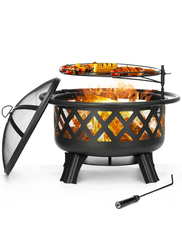 Singlyfire 30 inch Fire Pit for Outside 2 in 1 BBQ Wood Burning Fire Pit for Outdoor Camping Large Fire Pit Wood Bowl Firepit with Grate Spark Screen Log Grate