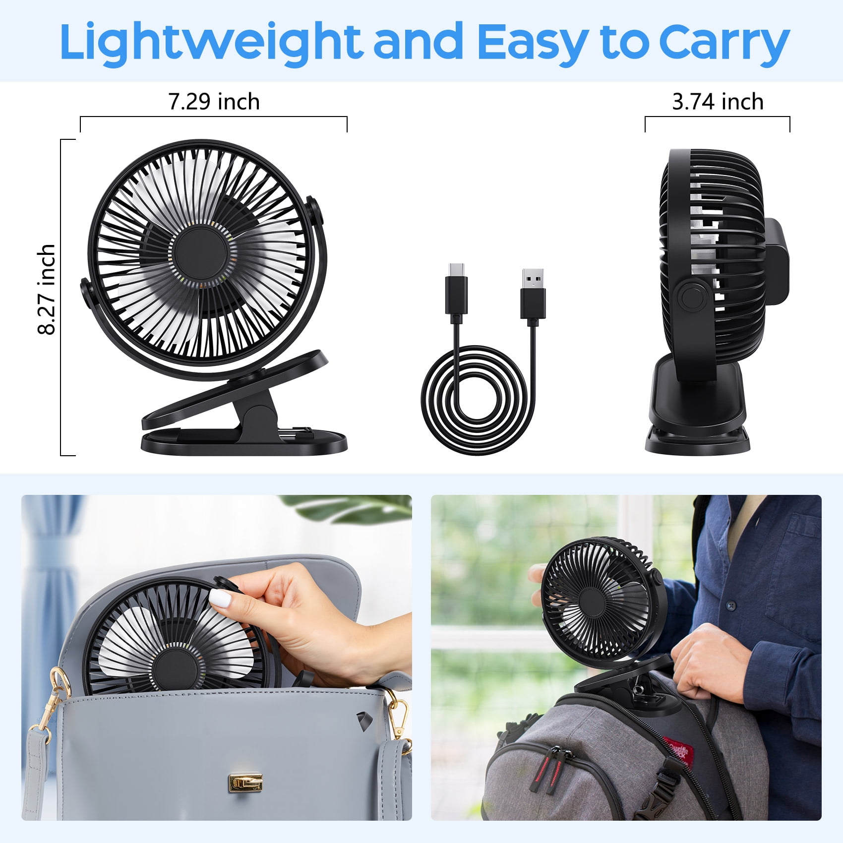 Zsiparty Clip on Fan, 4-Speed Rechargeable USB Desk Fan with Night Light, 6 " 4000mAh 720 Rotation Outdoor Portable Fan for Travel